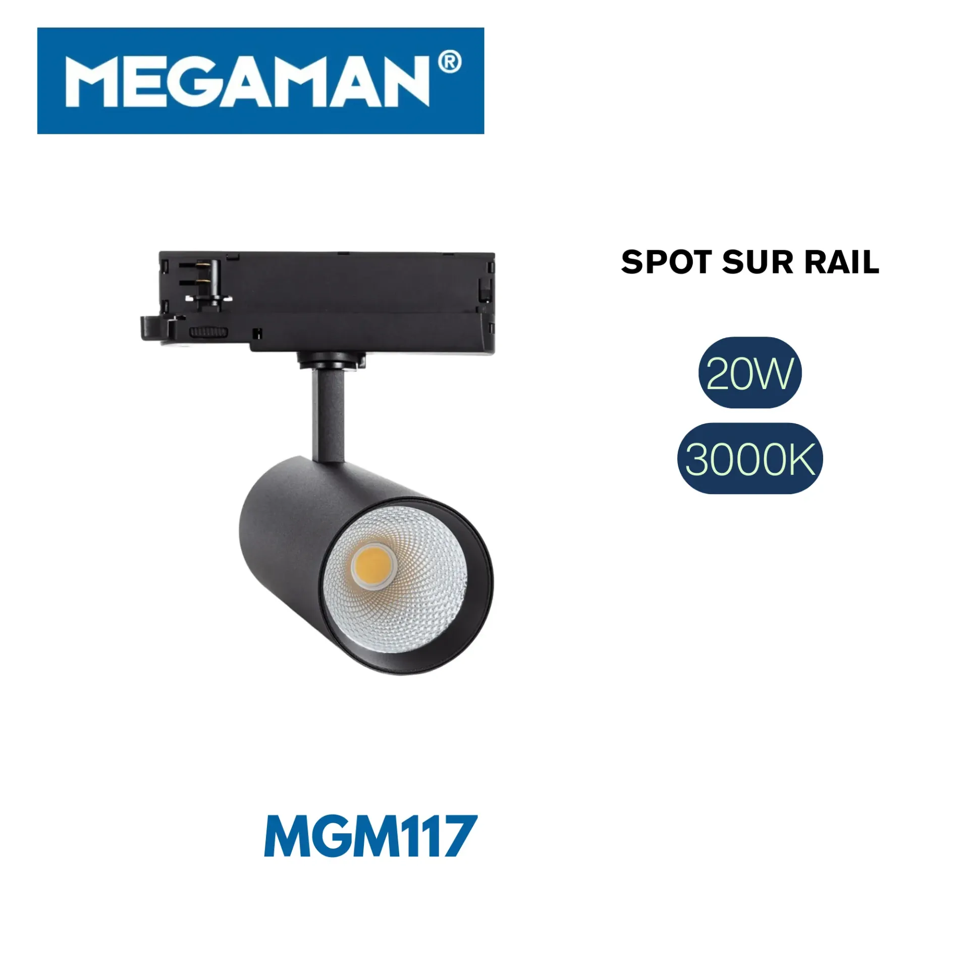 [MGM117] Spot sur rail noir 20w 3000k Doris Megaman (30pcs/ct)